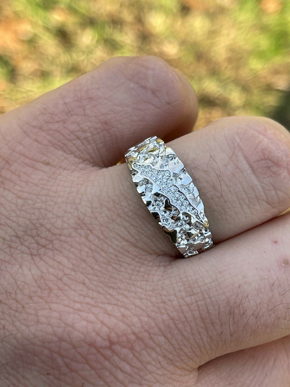 Mens REAL Solid 925 Silver Nugget Band Ring Iced Moissanite Pass Diamond Tester 7 Mens REAL Solid 925 Silver Nugget Band Ring Iced Moissanite Pass Diamond Tester - Image 5