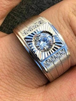 Men's REAL Solid 925 Silver Solitaire Ring W. Man Made Diamonds Pinky Sizes 7-13