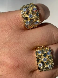 Mens REAL Solid 925 Sterling Silver - 14k Gold Finish Diamond Nugget Ring 7-13