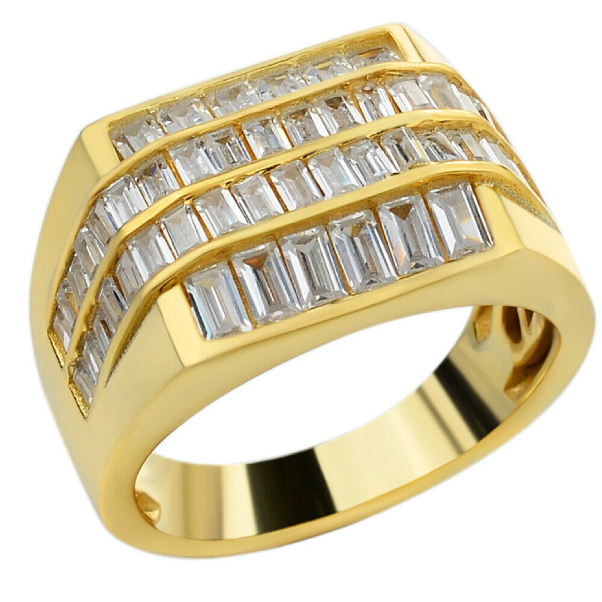 Mens REAL Solid 925 Sterling Silver 14k Gold Finish Iced Baguette CZ Square Ring 3 Mens REAL Solid 925 Sterling Silver 14k Gold Finish Iced Baguette CZ Square Ring
