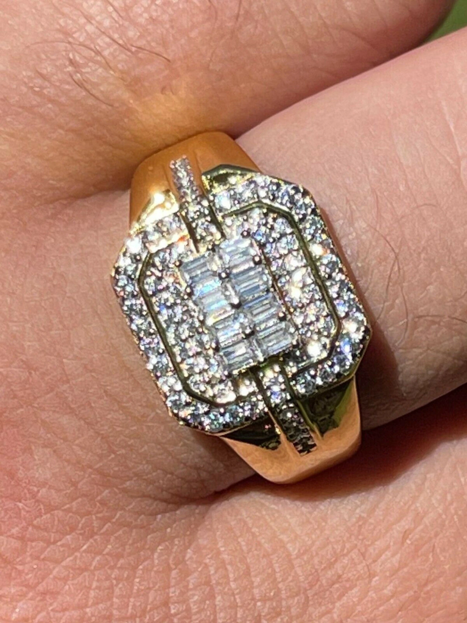 Mens Real Solid 925 Sterling Silver 14k Gold Vermeil Ring Iced Baguette Diamond 3 Mens Real Solid 925 Sterling Silver 14k Gold Vermeil Ring Iced Baguette Diamond