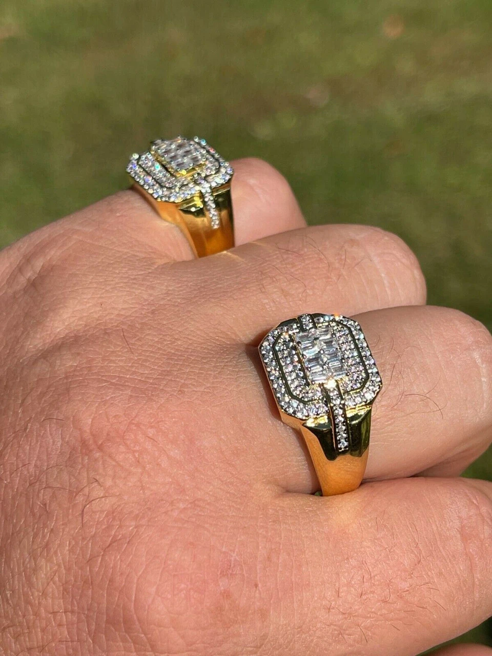 Mens Real Solid 925 Sterling Silver 14k Gold Vermeil Ring Iced Baguette Diamond 4 Mens Real Solid 925 Sterling Silver 14k Gold Vermeil Ring Iced Baguette Diamond - Image 2