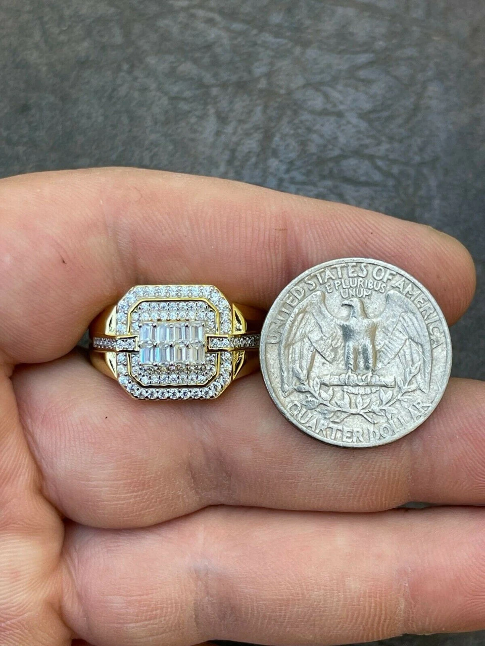 Mens Real Solid 925 Sterling Silver 14k Gold Vermeil Ring Iced Baguette Diamond 14 Mens Real Solid 925 Sterling Silver 14k Gold Vermeil Ring Iced Baguette Diamond - Image 12