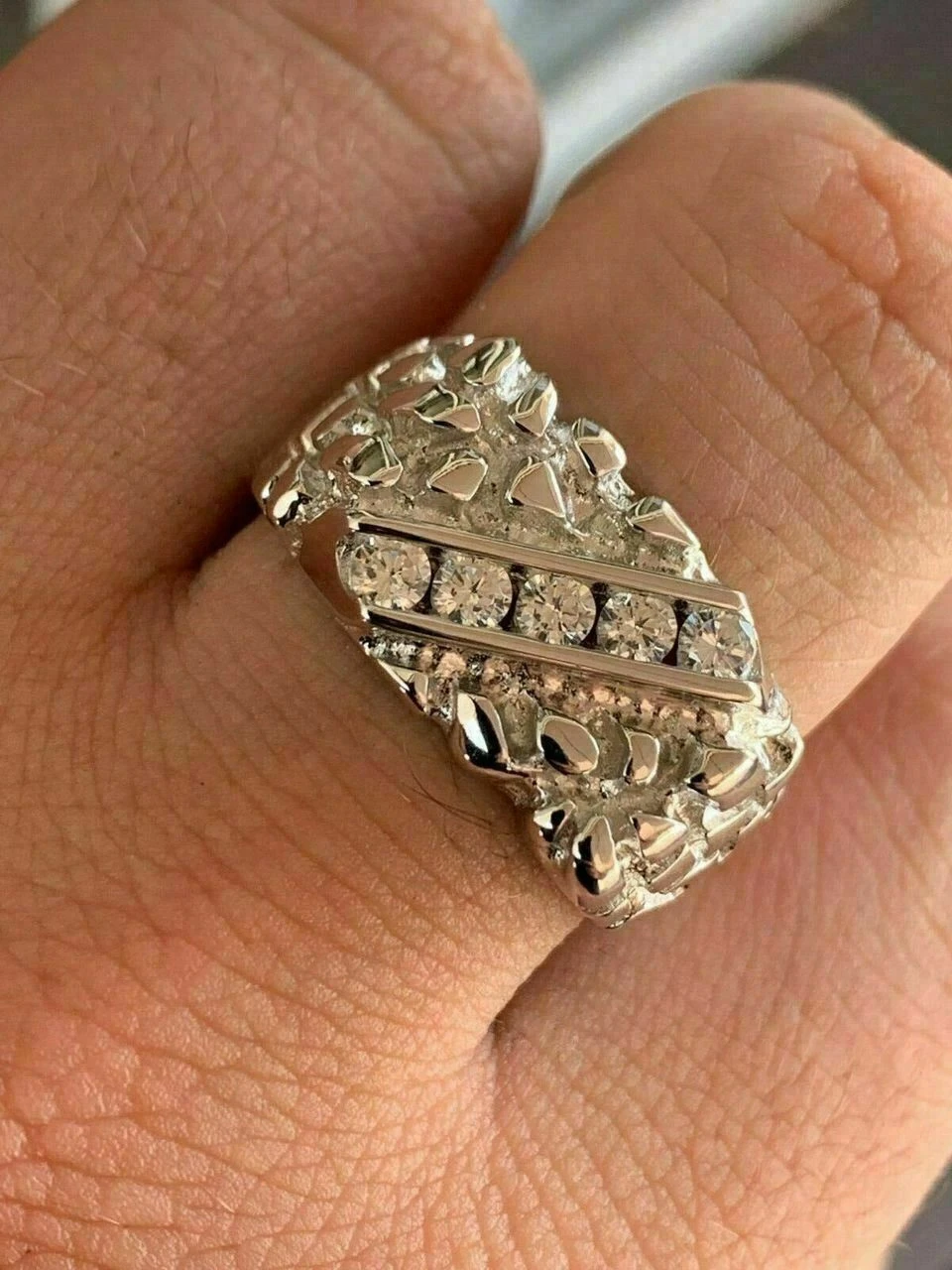 Mens REAL Solid 925 Sterling Silver Diamond Nugget Ring Sz 7-13 Pinky Super Iced 8 Mens REAL Solid 925 Sterling Silver Diamond Nugget Ring Sz 7-13 Pinky Super Iced - Image 6