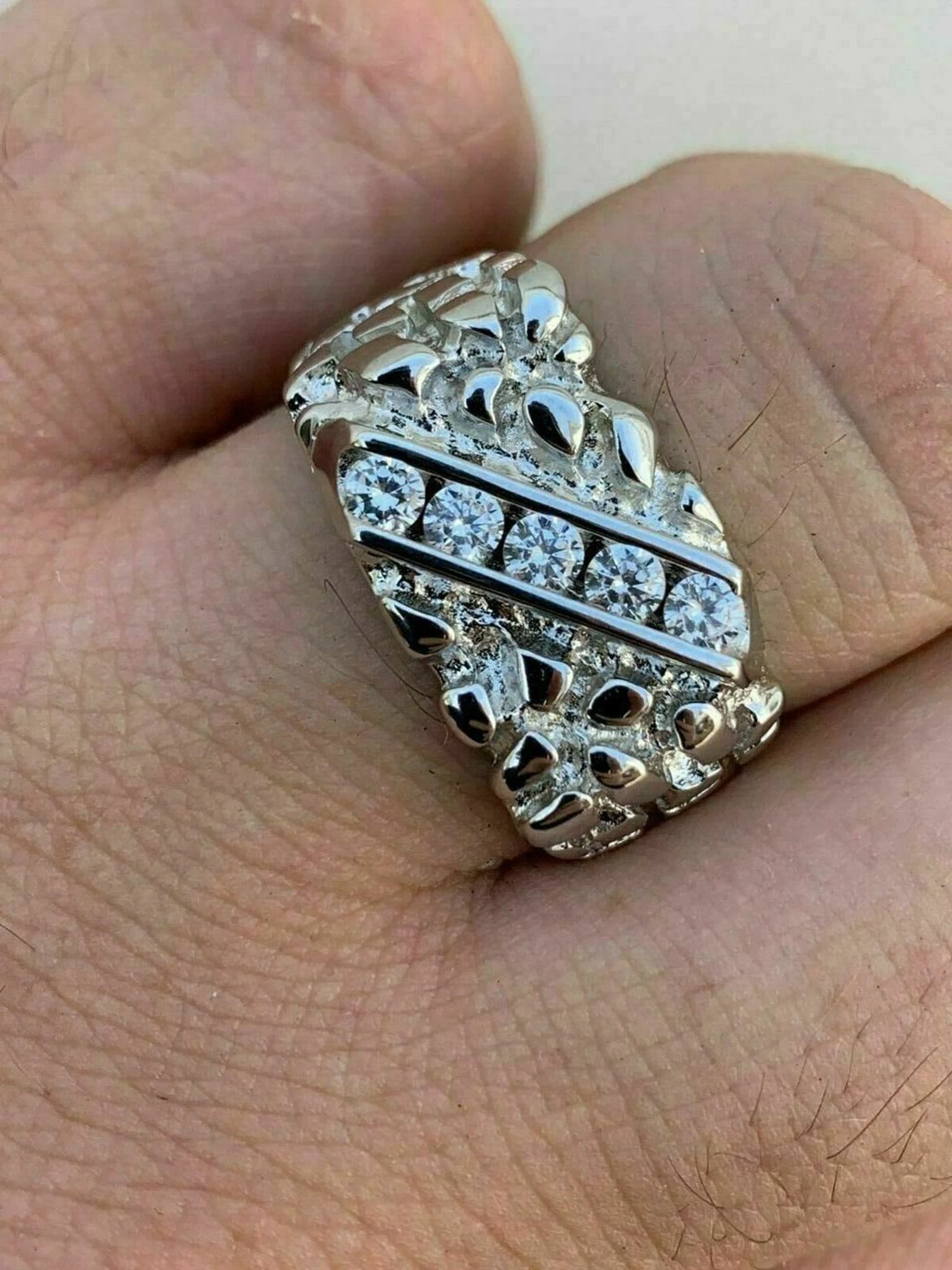 Mens REAL Solid 925 Sterling Silver Diamond Nugget Ring Sz 7-13 Pinky Super Iced 3 Mens REAL Solid 925 Sterling Silver Diamond Nugget Ring Sz 7-13 Pinky Super Iced