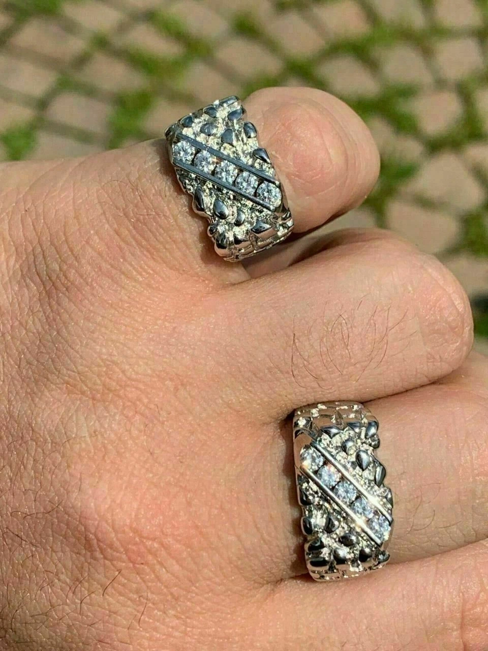 Mens REAL Solid 925 Sterling Silver Diamond Nugget Ring Sz 7-13 Pinky Super Iced 4 Mens REAL Solid 925 Sterling Silver Diamond Nugget Ring Sz 7-13 Pinky Super Iced - Image 2