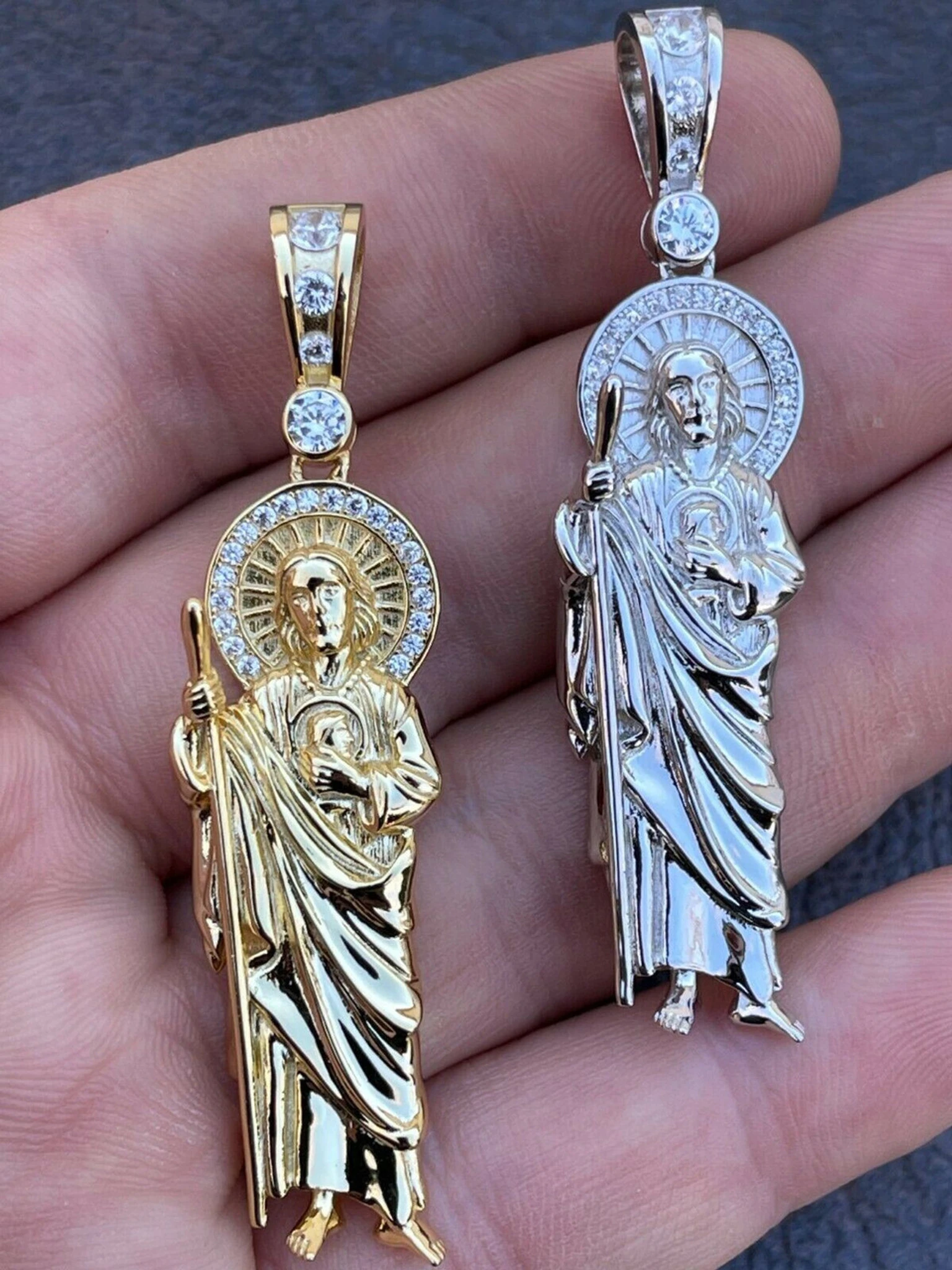Men's Real Solid 925 Sterling Silver / Gold St Jude San Judas Tadeo Iced Pendant 3 Men's Real Solid 925 Sterling Silver / Gold St Jude San Judas Tadeo Iced Pendant