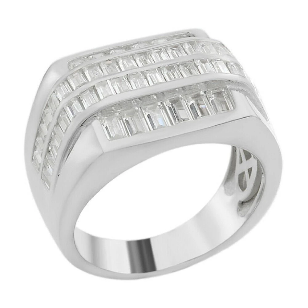 Mens REAL Solid 925 Sterling Silver Iced Baguette CZ Square Ring Pinky Or Signet 4 Mens REAL Solid 925 Sterling Silver Iced Baguette CZ Square Ring Pinky Or Signet - Image 2