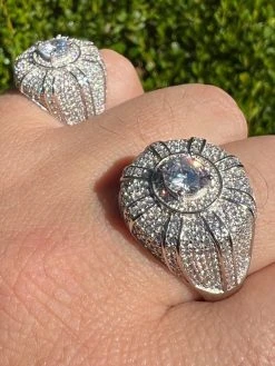 Mens Real Solid 925 Sterling Silver Iced CZ Solitaire Crown Pinky Ring Hip Hop