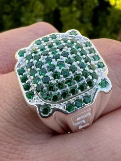 Mens Real Solid 925 Sterling Silver Iced Green Emerald Ring Hip Hop Pinky 7-13