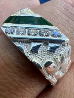 Mens Real Solid 925 Sterling Silver Nugget Green Emerald Iced CZ Ring Hip Hop