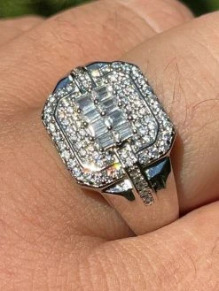 Mens Real Solid 925 Sterling Silver Ring Fully Iced Baguette Diamond Flooded Out