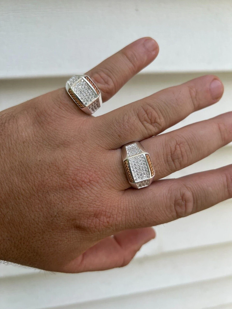 Mens Real Solid 925 Sterling Silver W. 14k Rose Gold Accent Iced CZ Ring Hip Hop 5 Mens Real Solid 925 Sterling Silver W. 14k Rose Gold Accent Iced CZ Ring Hip Hop - Image 3