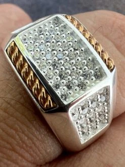 Mens Real Solid 925 Sterling Silver W. 14k Rose Gold Accent Iced CZ Ring Hip Hop