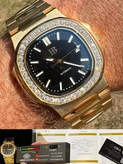 Mens Real Stainless Gold Iced 2ct Moissanite Watch Pass Diamond Test Black Face