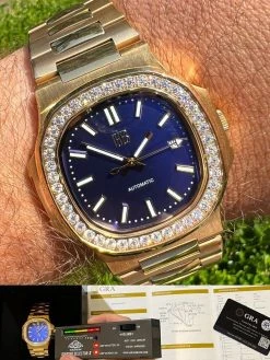 Mens Real Stainless Gold Iced 2ct Moissanite Watch Pass Diamond Test Blue Face