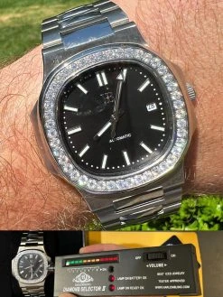 Mens Real Stainless Steel Iced 2ct Moissanite Watch Pass Diamond Test Black Face