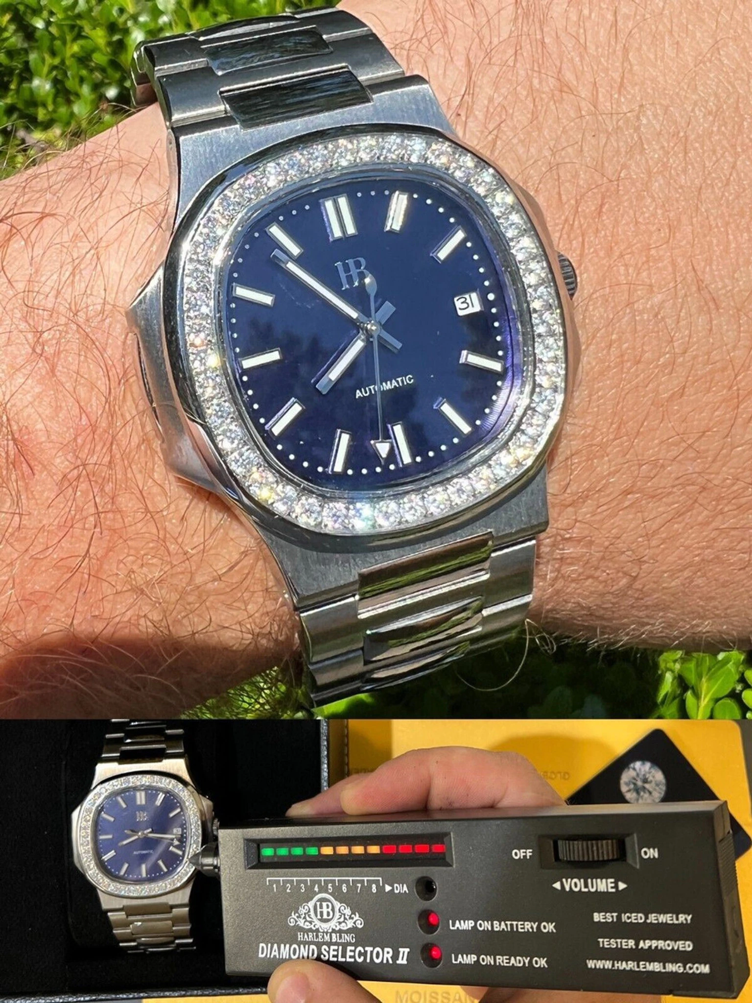 Mens Real Stainless Steel Iced 2ct Moissanite Watch Pass Diamond Test Blue Face 3 Mens Real Stainless Steel Iced 2ct Moissanite Watch Pass Diamond Test Blue Face