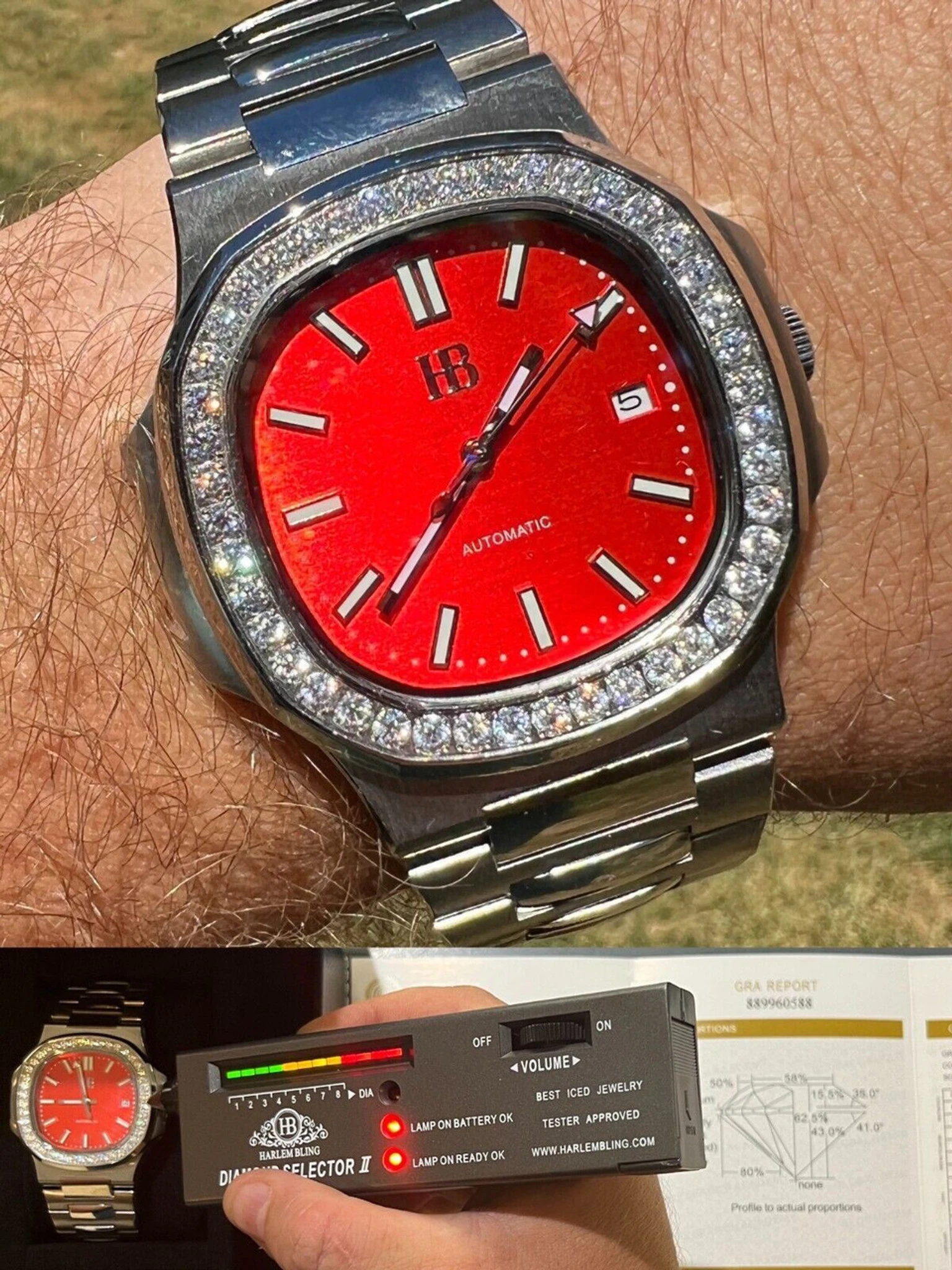 Mens Real Stainless Steel Iced 2ct Moissanite Watch Pass Diamond Test Red Face 3 Mens Real Stainless Steel Iced 2ct Moissanite Watch Pass Diamond Test Red Face