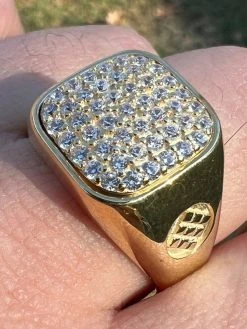 Mens Solid 14k Yellow Gold Vermeil 925 Sterling Silver Iced Diamond Ring Hip Hop