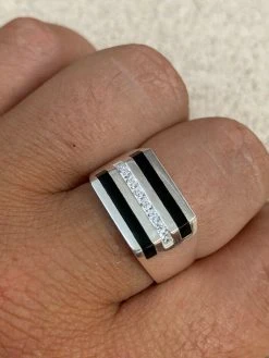 Men's Solid 925 Silver Black Onyx Ring W. Man Made Diamonds Iced Hip Hop Pinky -Harlem Bling Shop harlembling mens solid 925 silver black onyx ring w man made diamonds iced hip hop pinky 64692.1664373588