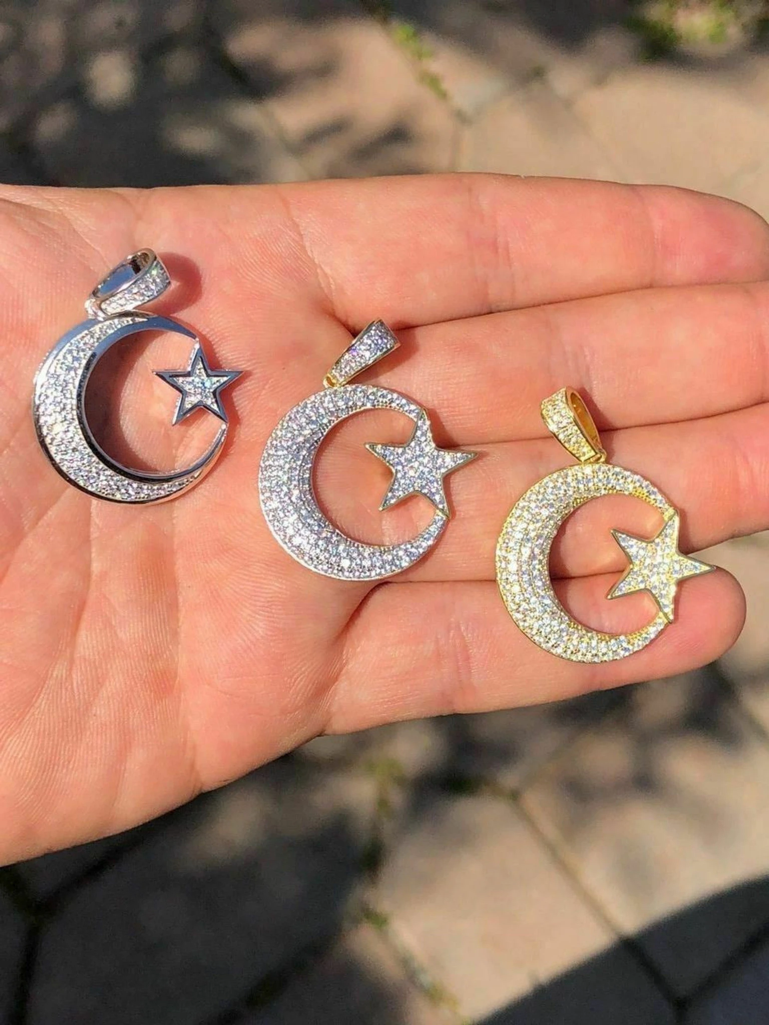 Mens Solid 925 Silver Crescent Moon & Star Islam Muslim Arabic Pendant Iced Icy 3 Mens Solid 925 Silver Crescent Moon & Star Islam Muslim Arabic Pendant Iced Icy