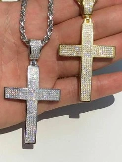 Mens Solid 925 Silver Cross Pendant Real ICED 3ct Diamond 14k Gold W. Rope Chain