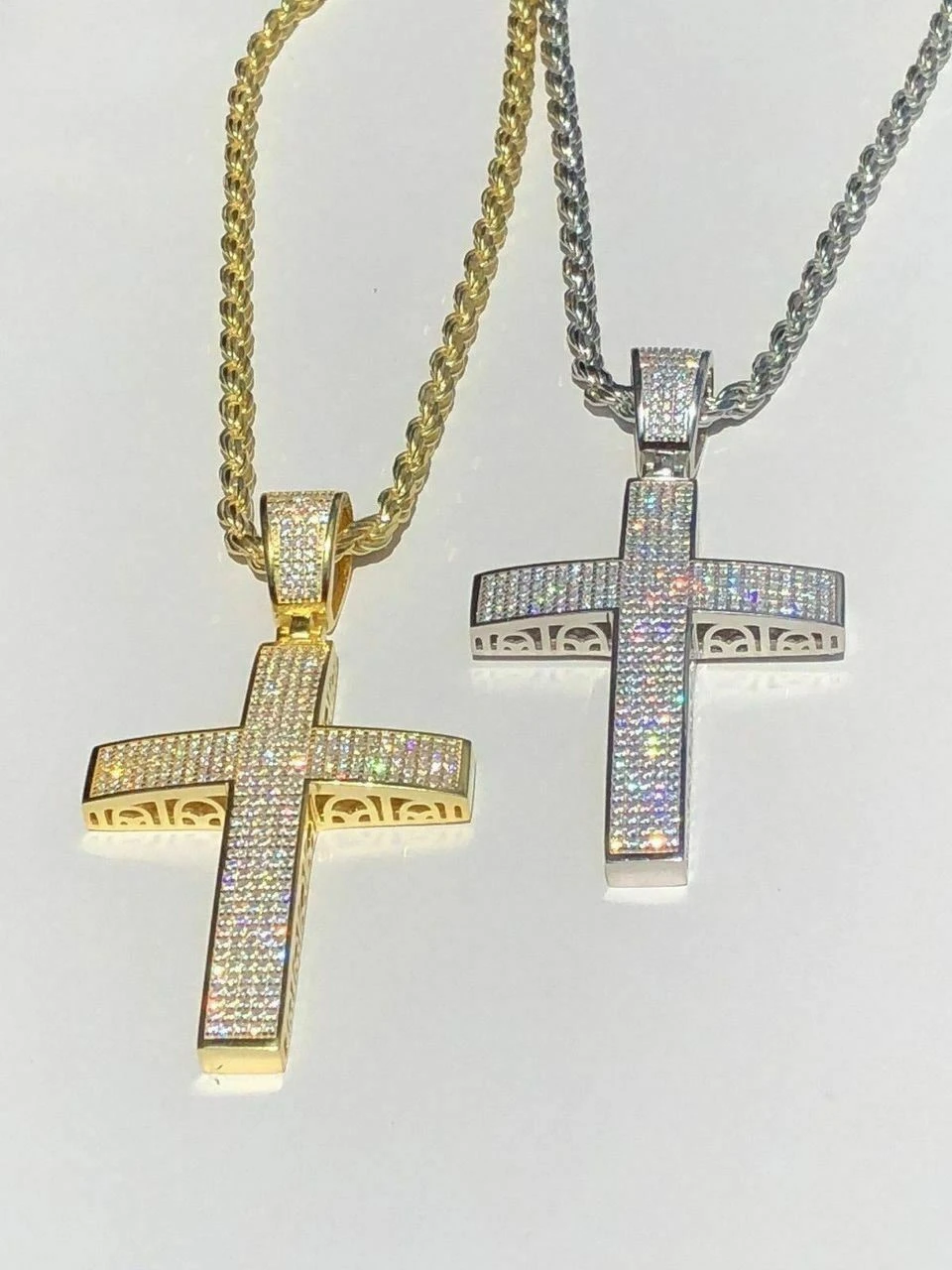 Mens Solid 925 Silver Cross Pendant Real ICED 3ct Diamond 14k Gold W. Rope Chain 5 Mens Solid 925 Silver Cross Pendant Real ICED 3ct Diamond 14k Gold W. Rope Chain - Image 3