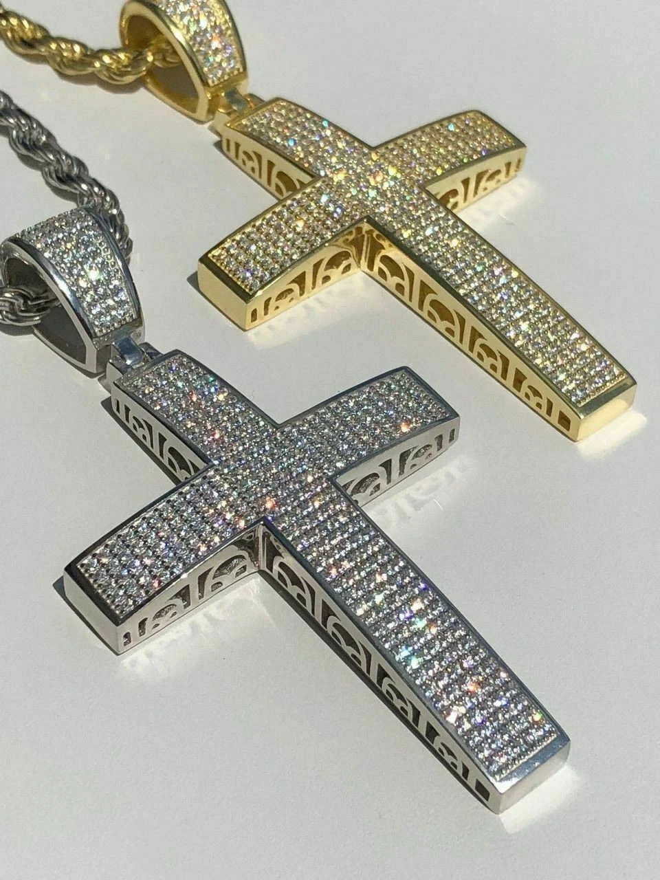 Mens Solid 925 Silver Cross Pendant Real ICED 3ct Diamond 14k Gold W. Rope Chain 7 Mens Solid 925 Silver Cross Pendant Real ICED 3ct Diamond 14k Gold W. Rope Chain - Image 5