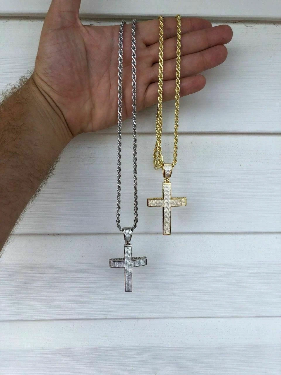 Mens Solid 925 Silver Cross Pendant Real ICED 3ct Diamond 14k Gold W. Rope Chain 6 Mens Solid 925 Silver Cross Pendant Real ICED 3ct Diamond 14k Gold W. Rope Chain - Image 4
