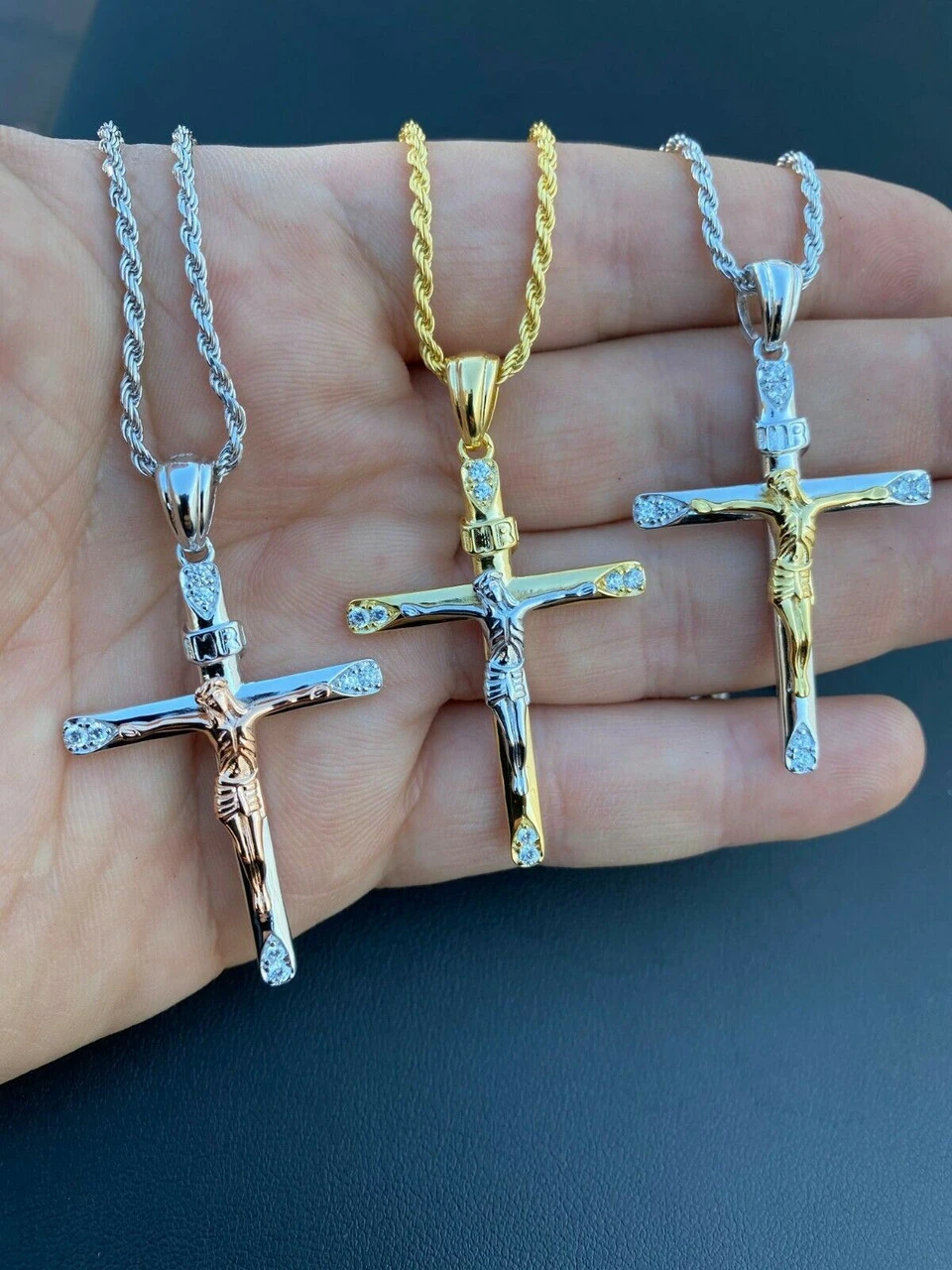 Mens Solid 925 Silver Cross W. Jesus Pendant Yellow Or Rose Gold Finish Necklace 4 Mens Solid 925 Silver Cross W. Jesus Pendant Yellow Or Rose Gold Finish Necklace - Image 2