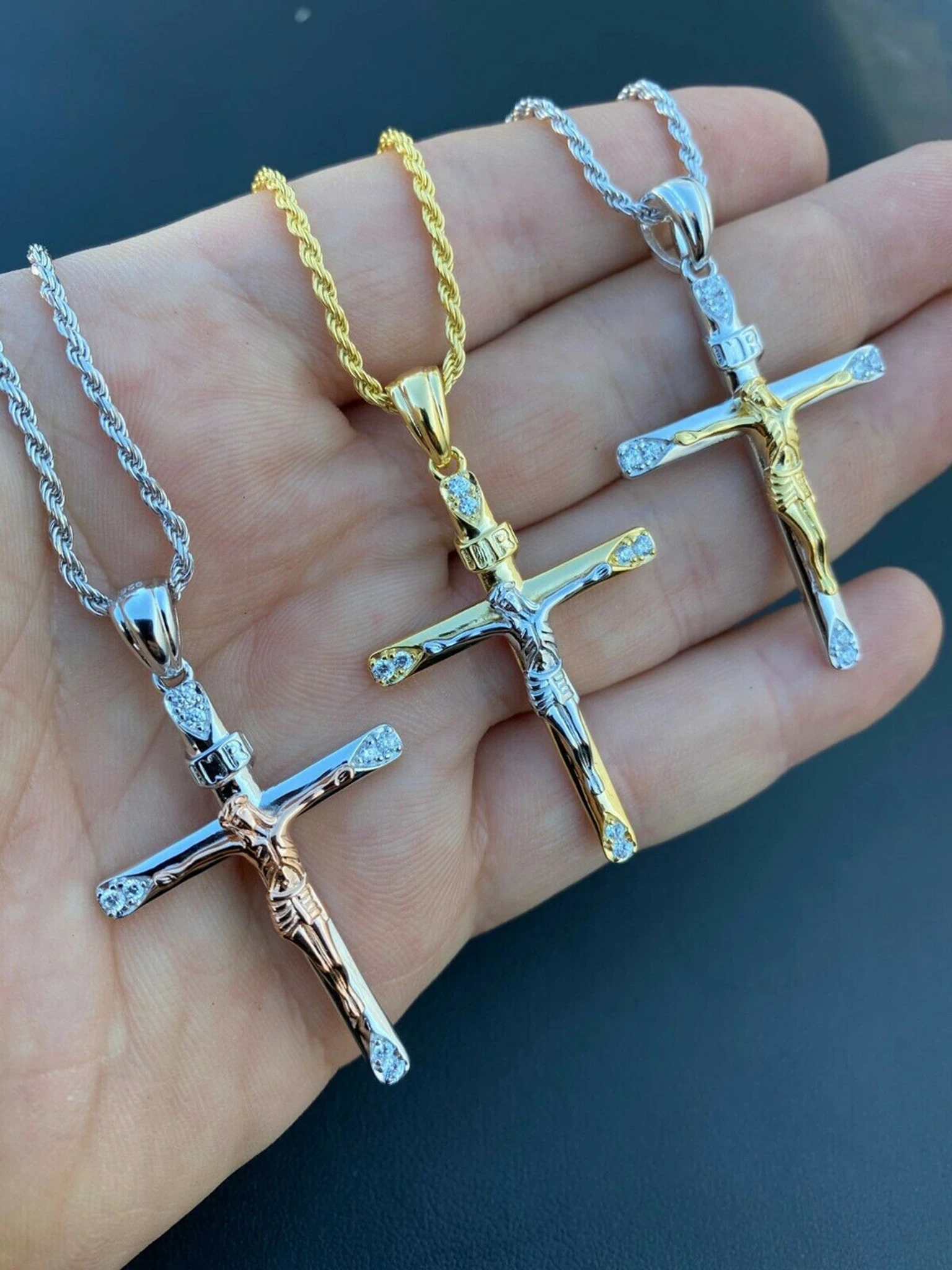 Mens Solid 925 Silver Cross W. Jesus Pendant Yellow Or Rose Gold Finish Necklace 3 Mens Solid 925 Silver Cross W. Jesus Pendant Yellow Or Rose Gold Finish Necklace