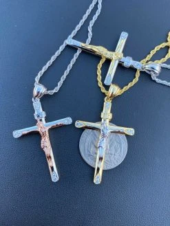 Mens Solid 925 Silver Cross W. Jesus Pendant Yellow Or Rose Gold Finish Necklace 21 Mens Solid 925 Silver Cross W. Jesus Pendant Yellow Or Rose Gold Finish Necklace -Harlem Bling Shop harlembling mens solid 925 silver cross w jesus pendant yellow or rose gold finish necklace 82789.1664396209