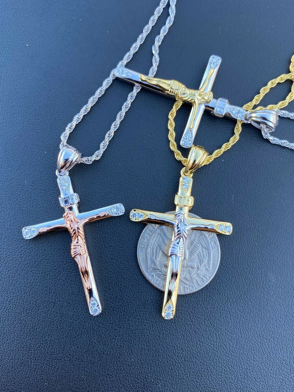 Mens Solid 925 Silver Cross W. Jesus Pendant Yellow Or Rose Gold Finish Necklace 10 Mens Solid 925 Silver Cross W. Jesus Pendant Yellow Or Rose Gold Finish Necklace - Image 8