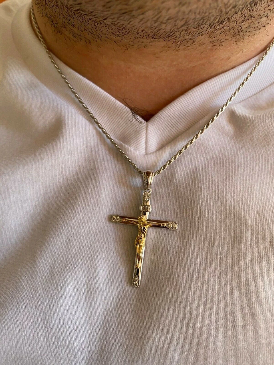 Mens Solid 925 Silver Cross W. Jesus Pendant Yellow Or Rose Gold Finish Necklace 8 Mens Solid 925 Silver Cross W. Jesus Pendant Yellow Or Rose Gold Finish Necklace - Image 6