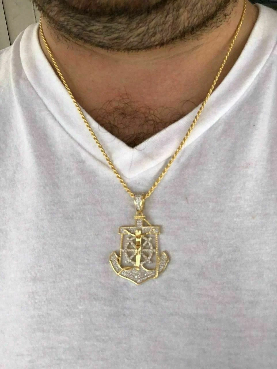 Men's Solid 925 Silver Jesus & Anchor Piece SUPER ICED Diamond 14k Gold Hip Hop 5 Men's Solid 925 Silver Jesus & Anchor Piece SUPER ICED Diamond 14k Gold Hip Hop - Image 3