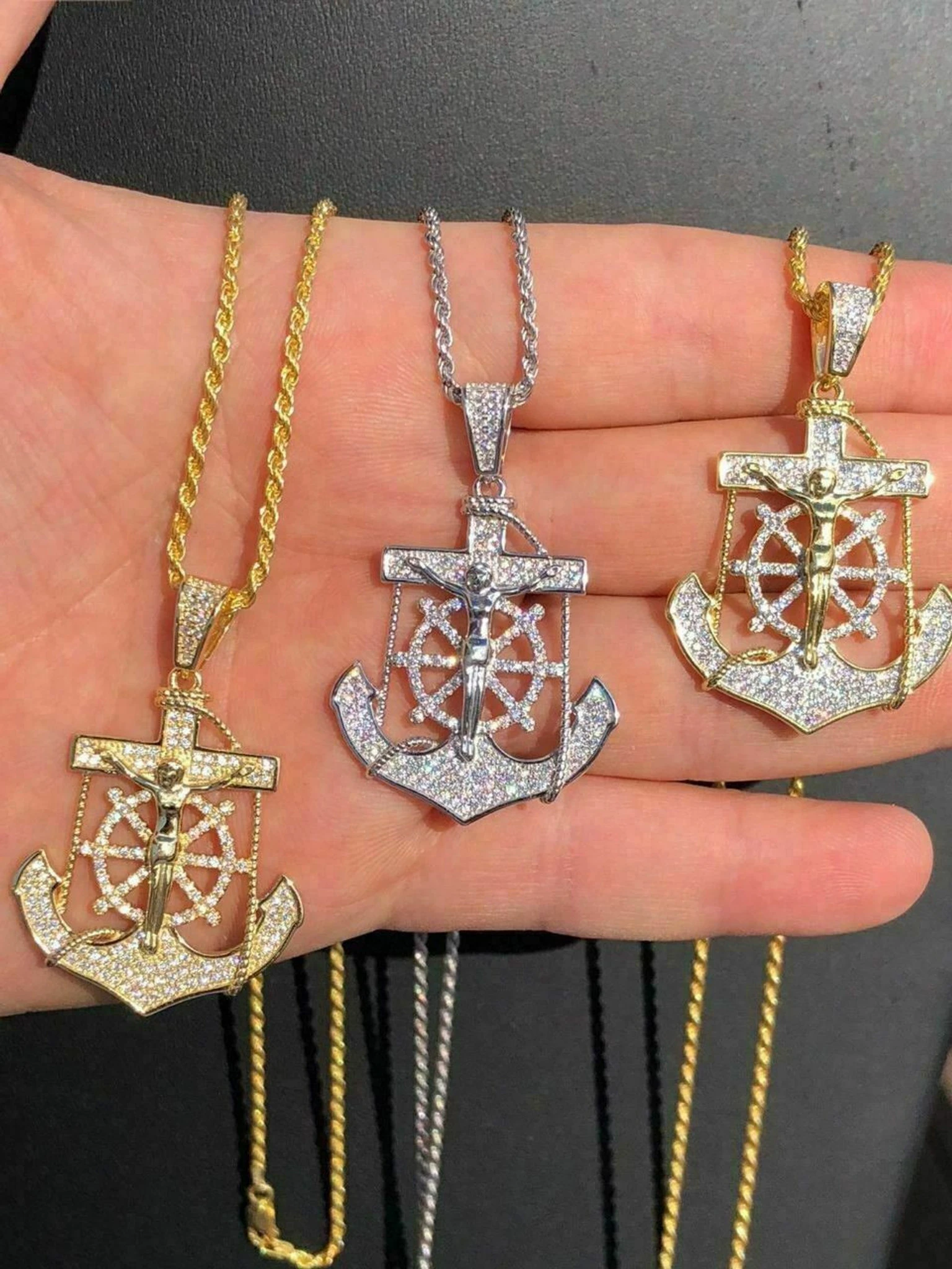 Men's Solid 925 Silver Jesus & Anchor Piece SUPER ICED Diamond 14k Gold Hip Hop 3 Men's Solid 925 Silver Jesus & Anchor Piece SUPER ICED Diamond 14k Gold Hip Hop