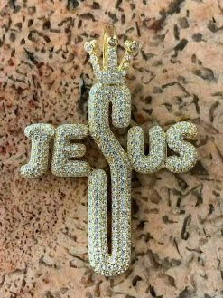 Mens Solid 925 Silver Large Cross W. Crown Jesus Piece Pendant Real Iced Letters -Harlem Bling Shop harlembling mens solid 925 silver large cross w crown jesus piece pendant real iced letters 02496.1664380665
