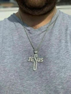 Mens Solid 925 Silver Large Cross W. Crown Jesus Piece Pendant Real Iced Letters -Harlem Bling Shop harlembling mens solid 925 silver large cross w crown jesus piece pendant real iced letters 07997.1664398031