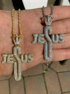 Mens Solid 925 Silver Large Cross W. Crown Jesus Piece Pendant Real Iced Letters