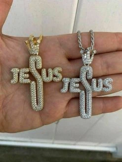 Mens Solid 925 Silver Large Cross W. Crown Jesus Piece Pendant Real Iced Letters -Harlem Bling Shop harlembling mens solid 925 silver large cross w crown jesus piece pendant real iced letters 30126.1664377459