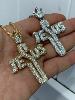 Mens Solid 925 Silver Large Cross W. Crown Jesus Piece Pendant Real Iced Letters -Harlem Bling Shop harlembling mens solid 925 silver large cross w crown jesus piece pendant real iced letters 34461.1664390872