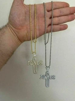 Mens Solid 925 Silver Large Cross W. Crown Jesus Piece Pendant Real Iced Letters -Harlem Bling Shop harlembling mens solid 925 silver large cross w crown jesus piece pendant real iced letters 64038.1664388517