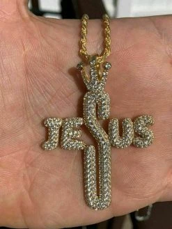 Mens Solid 925 Silver Large Cross W. Crown Jesus Piece Pendant Real Iced Letters -Harlem Bling Shop harlembling mens solid 925 silver large cross w crown jesus piece pendant real iced letters 70443.1664376813