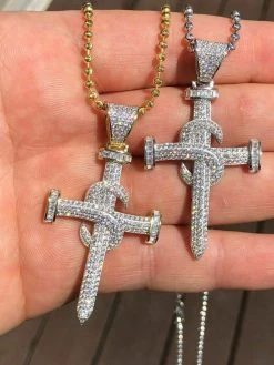 Mens Solid 925 Silver Real Iced 3ct Diamond Nail Cross LARGE 2" Pendant 14k Gold
