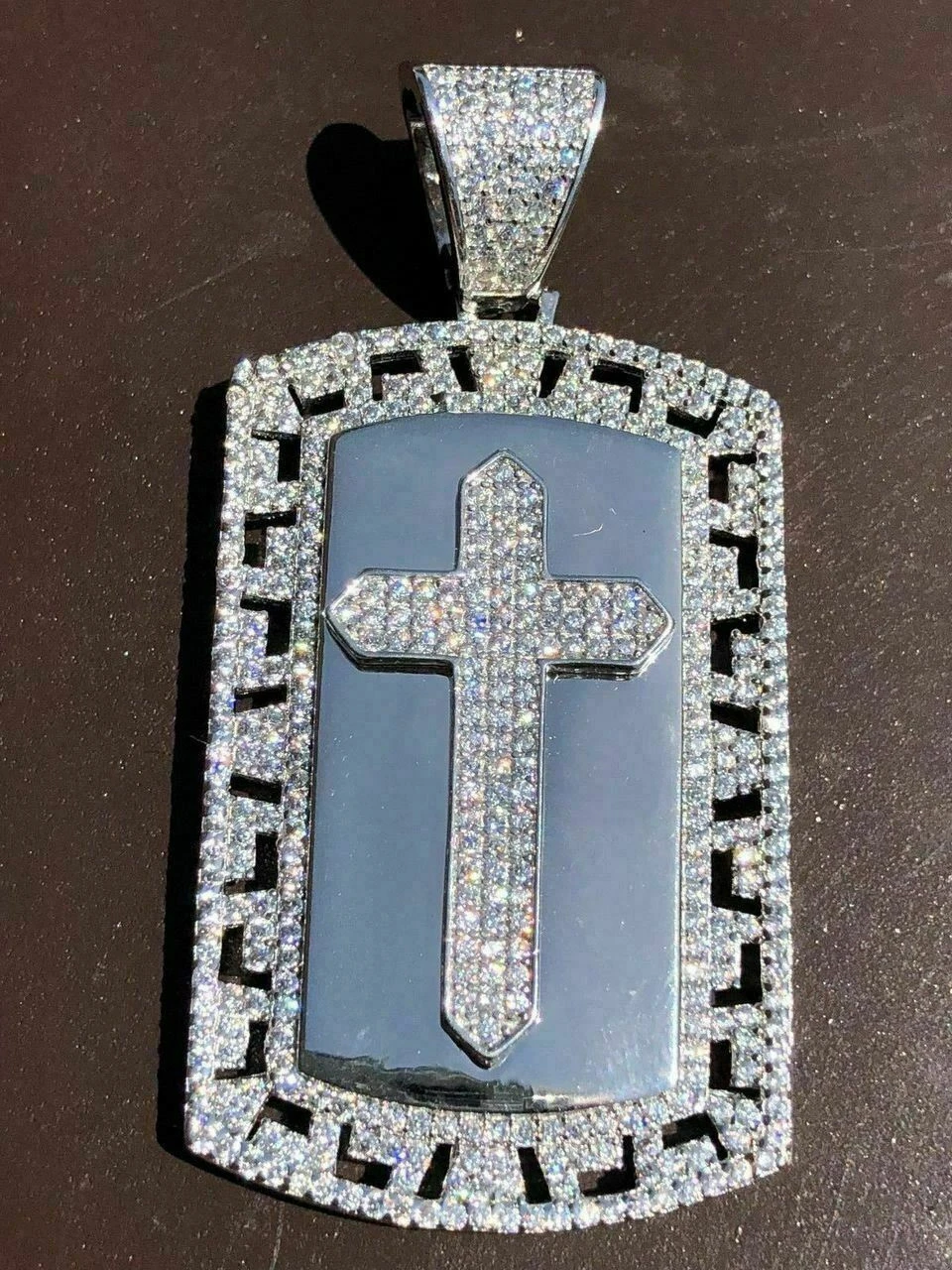 Mens Solid 925 Silver Real Icy 1ct Diamond Dog Tag Cross Pendant 14k Gold 2" 10 Mens Solid 925 Silver Real Icy 1ct Diamond Dog Tag Cross Pendant 14k Gold 2" - Image 8
