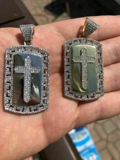 Mens Solid 925 Silver Real Icy 1ct Diamond Dog Tag Cross Pendant 14k Gold 2" 27 Mens Solid 925 Silver Real Icy 1ct Diamond Dog Tag Cross Pendant 14k Gold 2" -Harlem Bling Shop harlembling mens solid 925 silver real icy 1ct diamond dog tag cross pendant 14k gold 2 91013.1664391075