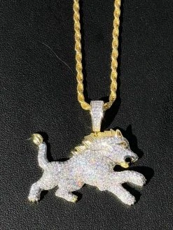 Mens Solid 925 Silver Super Icy Two Tone Diamond Rasta Lion Leo Pendant 14k Gold