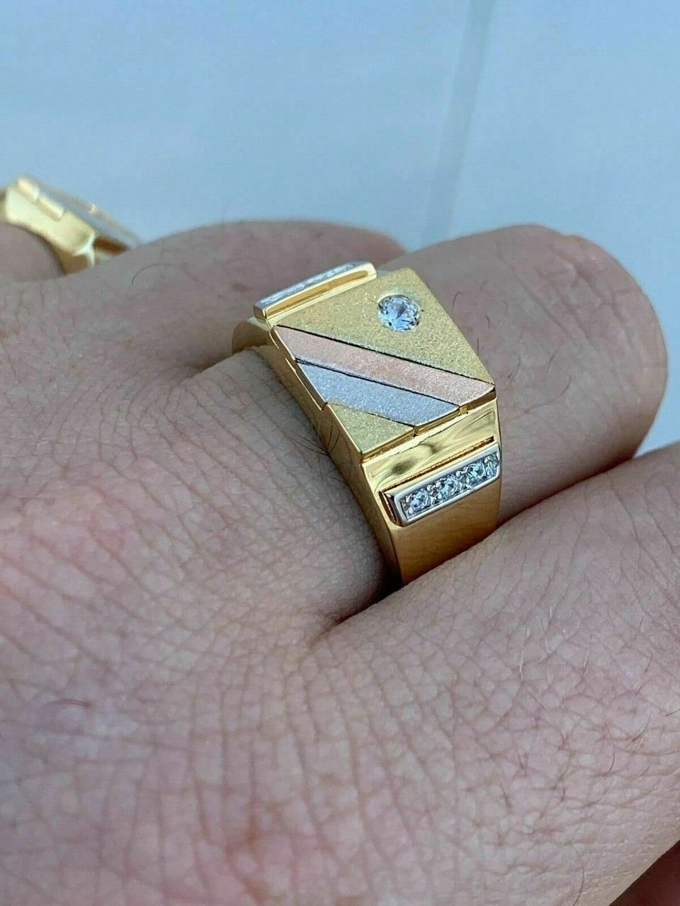 Mens Tri-Color 14k Yellow, Rose Gold, & 925 Silver Real Icy Ring Size 7-13 Pinky 7 Mens Tri-Color 14k Yellow, Rose Gold, & 925 Silver Real Icy Ring Size 7-13 Pinky - Image 5