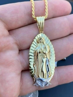 Men's Virgin Mary Pendant - 14k Gold Over Solid 925 Sterling Silver Necklace